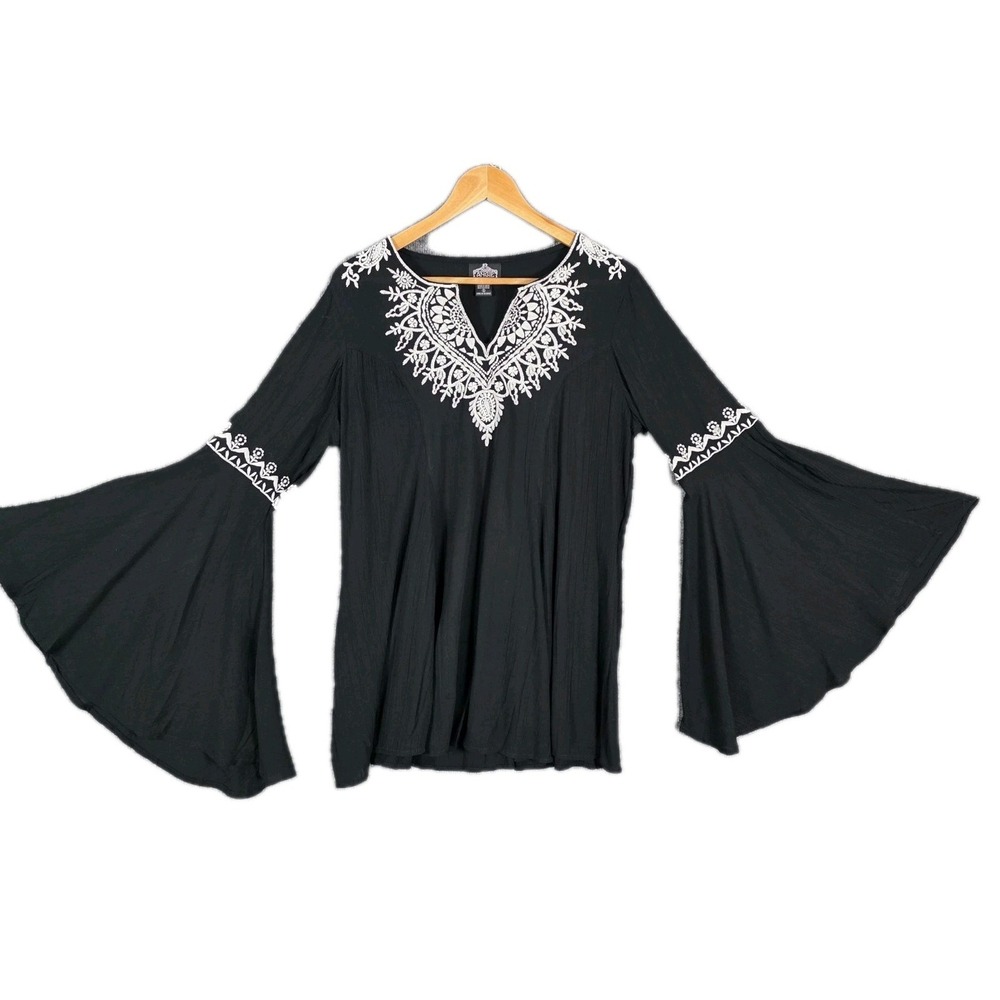 Vintage Angie Top S Black Embroidered Bell Flare Sleeve Boho Witchy Whimsigoth